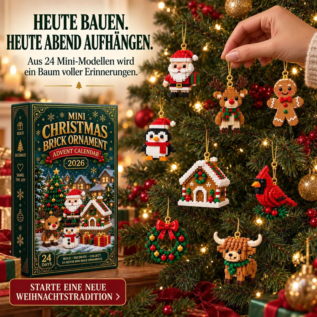 Eine Hand hängt einen gebauten Anhänger an den Tannenbaum, zwischen Zweigen hängen Weihnachtsmann, Rentier, Pinguin, Lebkuchenhaus, Kardinal, Kranz und Highland 7