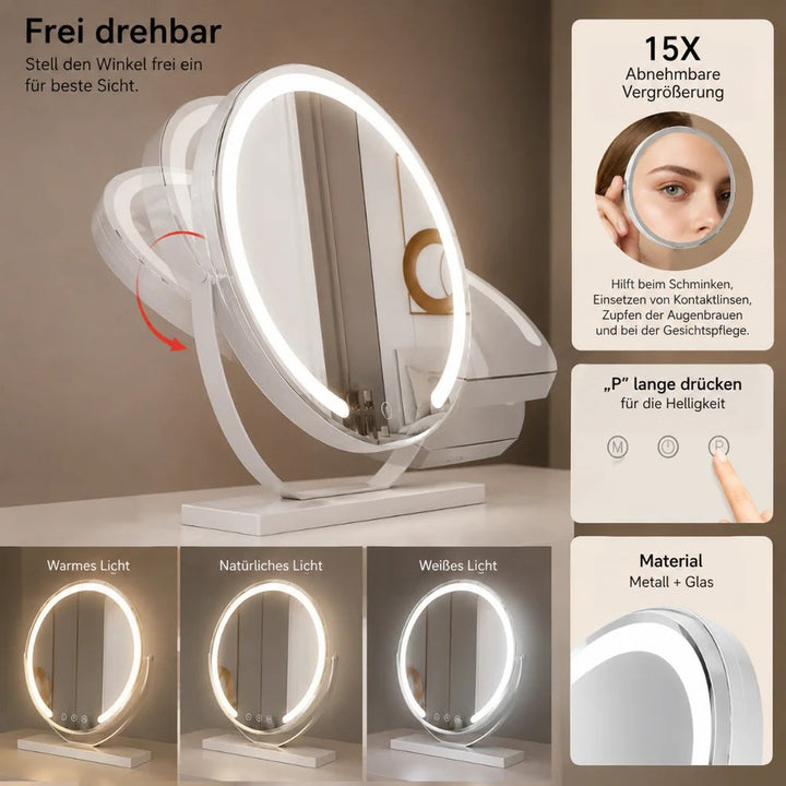 Infografik zeigt die freie Drehbarkeit, die abnehmbare Vergrößerung, die Helligkeitsregelung und drei Lichtfarben 5