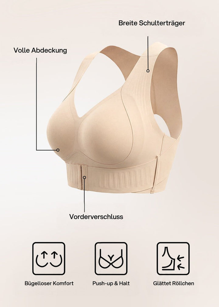 Freisteller des beigen BHs mit Beschriftungen zu breiten Trägern, voller Abdeckung und Frontverschluss sowie drei Symbolen zu Komfort und Halt. 17