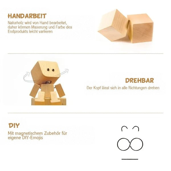 Infografik mit zwei Holzwürfeln, drehbarem Kopf der Figur und magnetischen Zubehörteilen zum Gestalten eigener Gesichter. 3