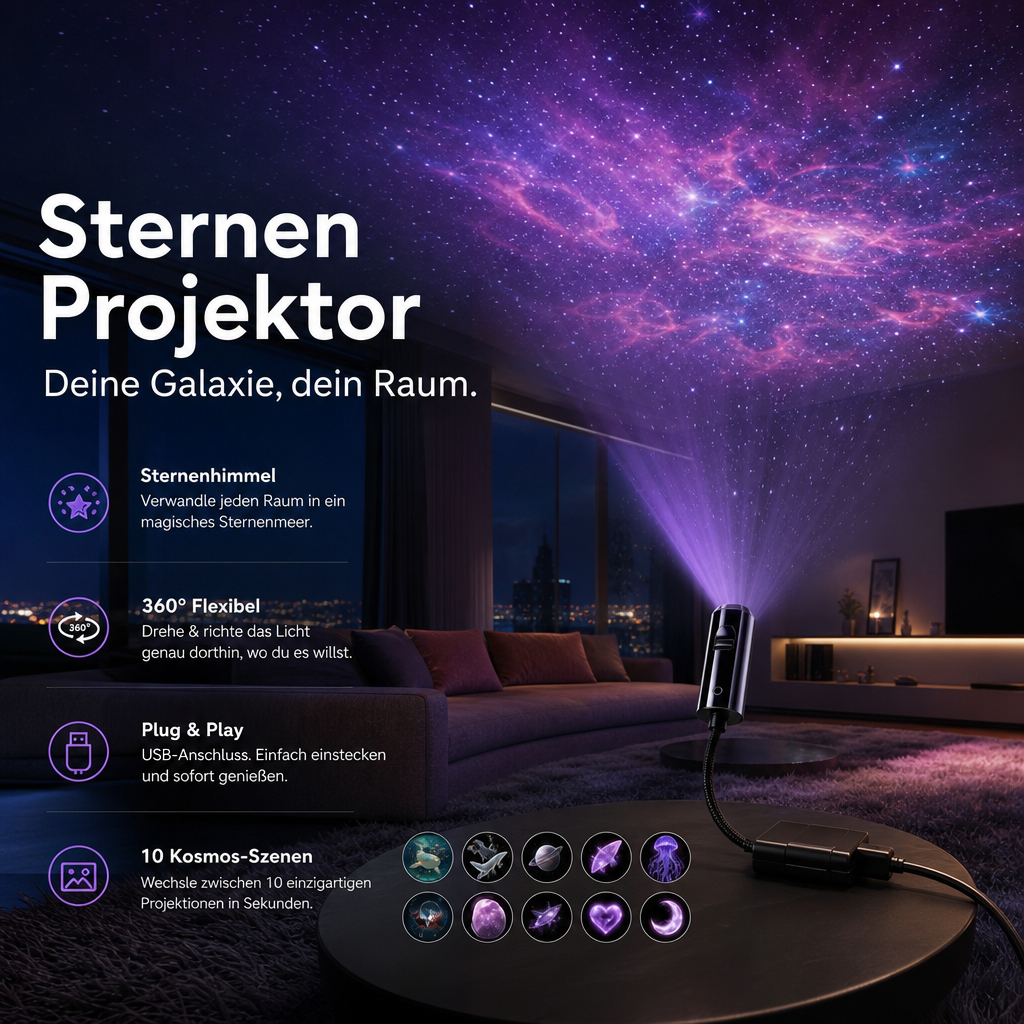 Projektor mit gebogenem Arm steht auf einem runden Tisch und projiziert lila Nebel an die Decke eines Wohnzimmers 5