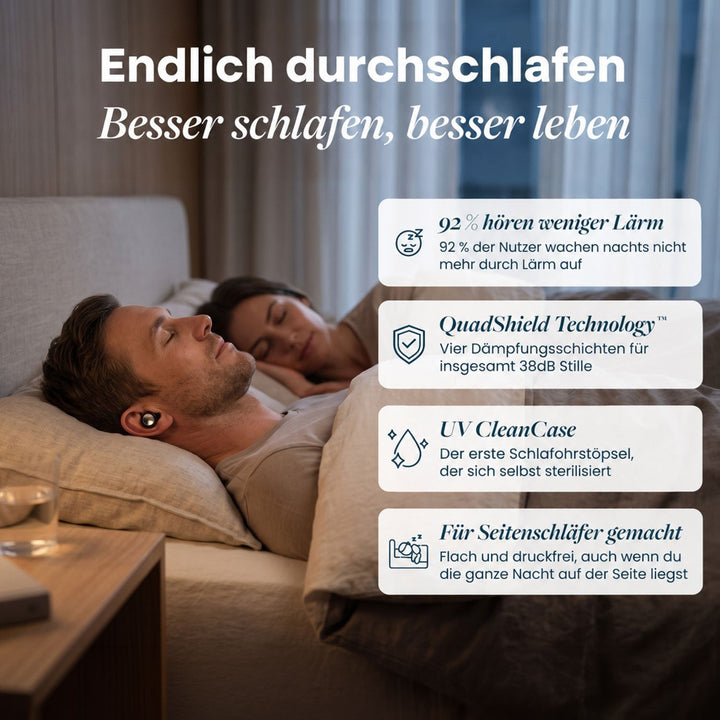 Englische Version: Paar schläft im Bett, der Mann trägt einen Ohrstöpsel, daneben vier Kästen mit Produktvorteilen wie Dämmung und selbstreinigendem Etui. 18