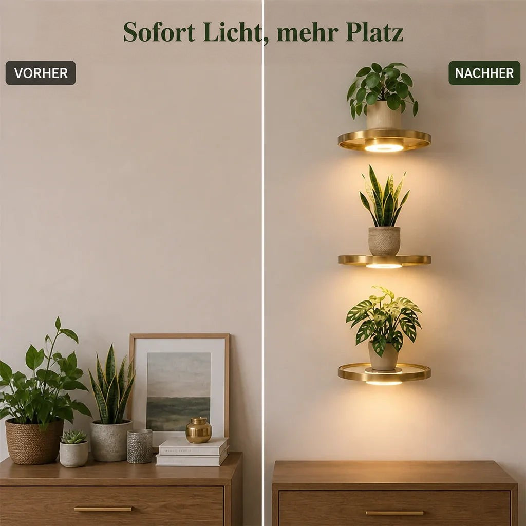Vorher-nachher-Vergleich: links eine Kommode mit Pflanzen und Dekoration auf der Fläche, rechts die freie Kommode und drei leuchtende goldene Wandregale darüber 4