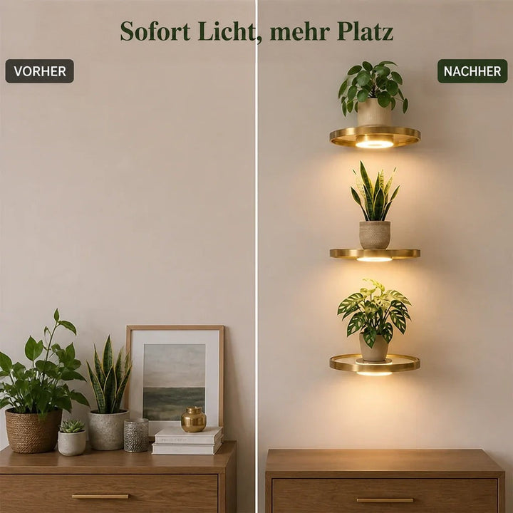 Vorher-nachher-Vergleich: links eine Kommode mit Pflanzen und Dekoration auf der Fläche, rechts die freie Kommode und drei leuchtende goldene Wandregale darüber 4