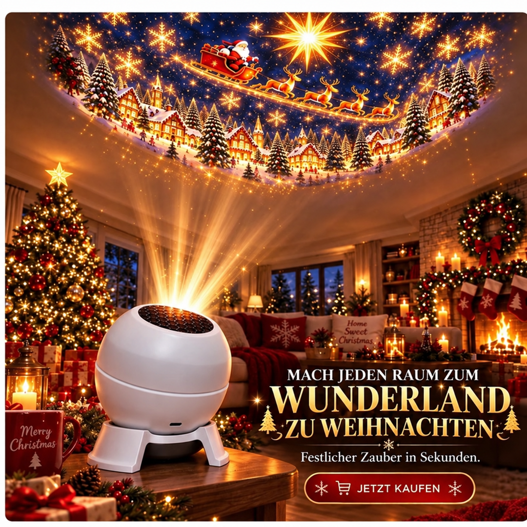 Weißer kugelförmiger Projektor auf einem Holztisch wirft ein Weihnachtsmotiv mit Schlitten und Dorf an die Decke 1