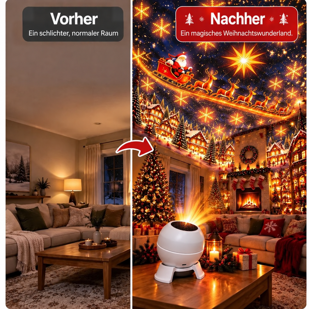 Vorher-nachher-Vergleich eines Wohnzimmers: links schlicht beleuchtet, rechts mit festlichen Projektionen von Weihnachtsmann 3