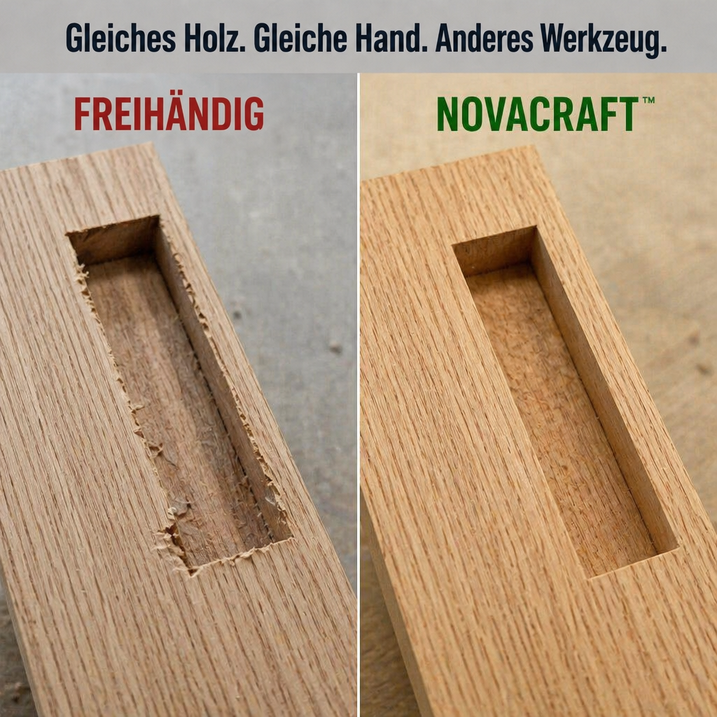 Vergleich zweier Zapfenlöcher in Eichenholz: links ausgefranst und ungleichmäßig von Hand gefräst, rechts sauber mit scharfen Kanten gefräst. 5