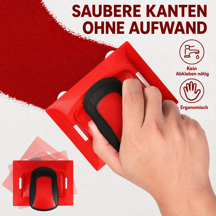 Hand führt das rote Gerät an einer frisch gestrichenen roten Fläche entlang, unten eine Ansicht von oben 3