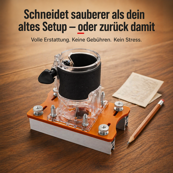 Schablone mit eingesetzter Kantenfräse auf einem Holztisch, daneben ein Bleistift und ein beschriebener Zettel. 9