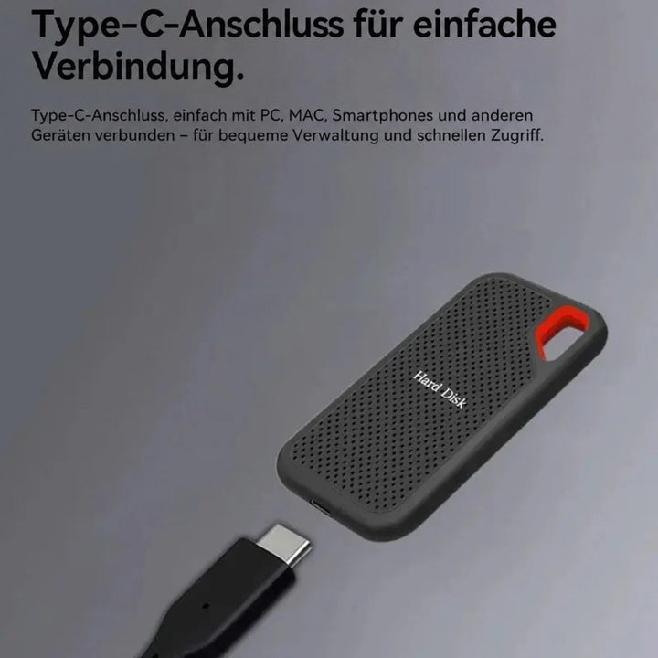 Das Laufwerk mit einem USB-C-Stecker davor, der den Anschluss am Gehäuse veranschaulicht 3