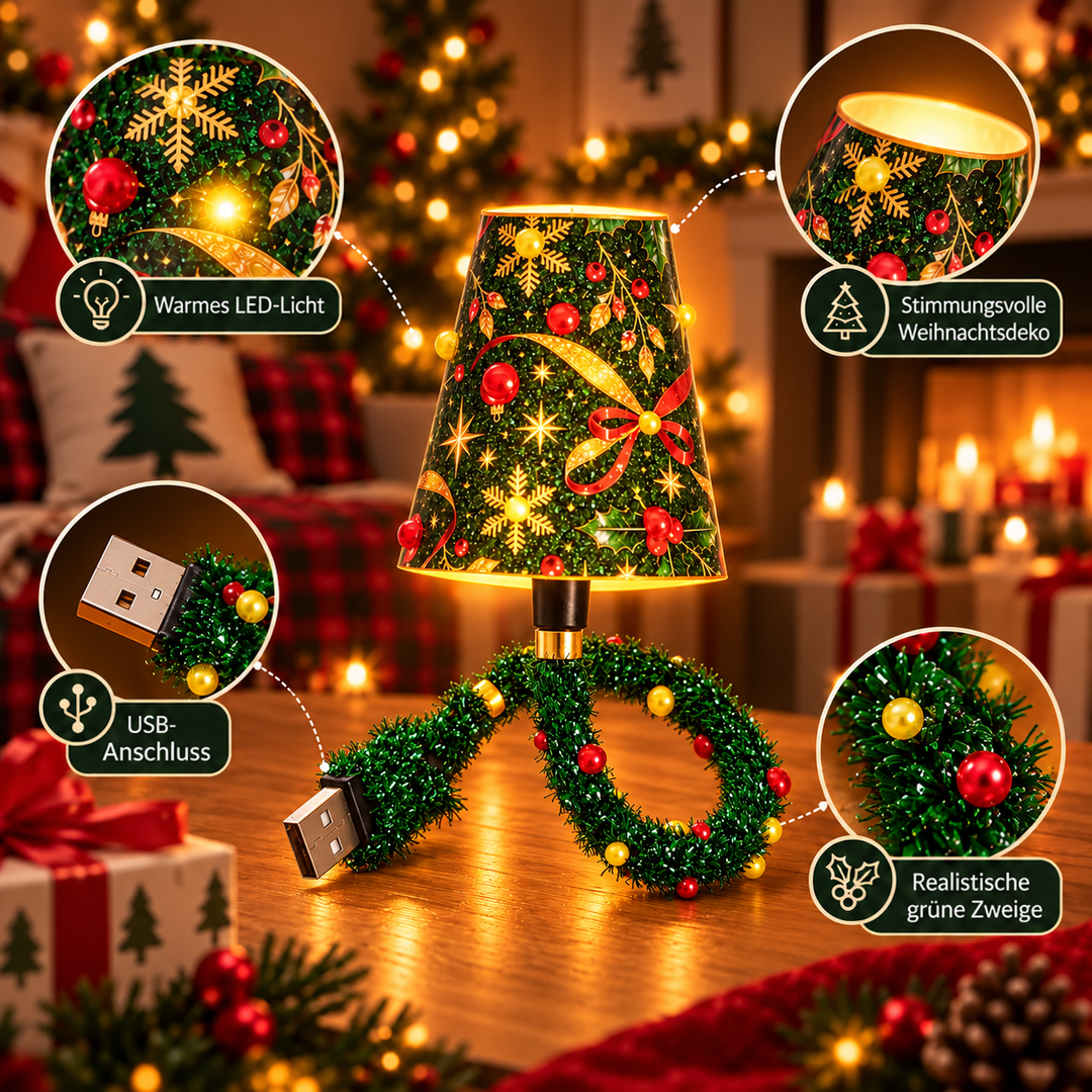 Nahaufnahmen der Lampe auf einem Holztisch: warmes LED-Licht, Schirm von innen, USB-Stecker und die grünen Lamettazweige mit roten und goldenen Kugeln. 7