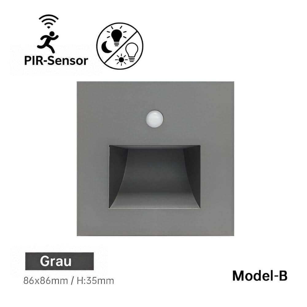 Quadratische graue Wandleuchte mit Sensor und rechteckiger Lichtöffnung, Modell B, Frontansicht 7