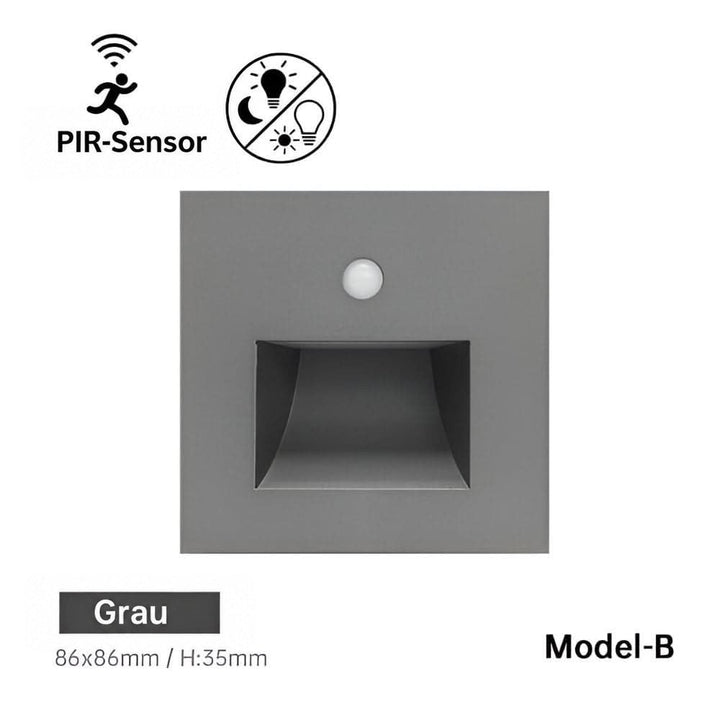 Quadratische graue Wandleuchte mit Sensor und rechteckiger Lichtöffnung, Modell B, Frontansicht 7