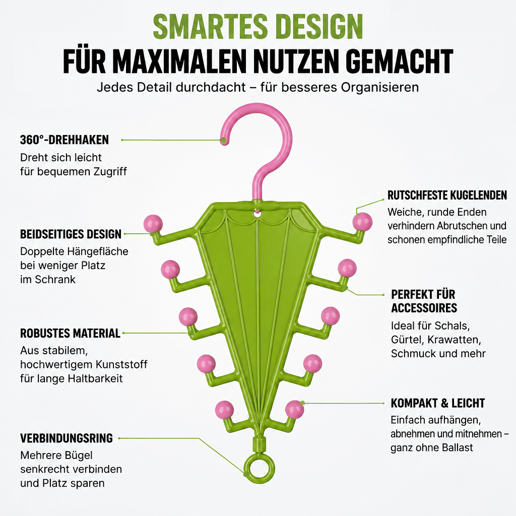 Grüner Halter mit rosa Haken und Kugelenden, freigestellt, mit beschrifteten Details zu Drehhaken, Ring und Material 8