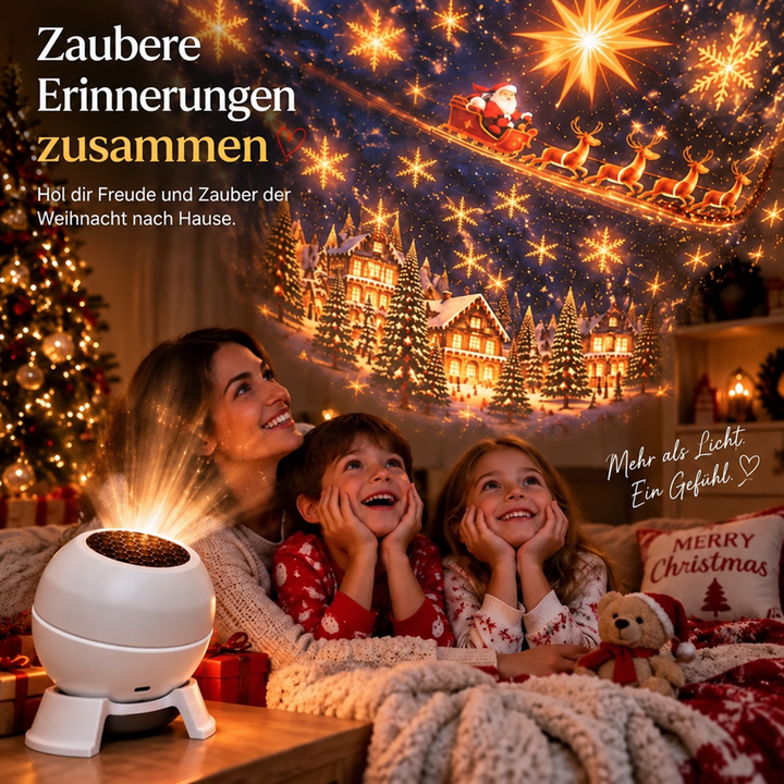 Mutter und zwei Kinder im Schlafanzug blicken staunend auf die Weihnachtsprojektion des danebenstehenden Projektors 6