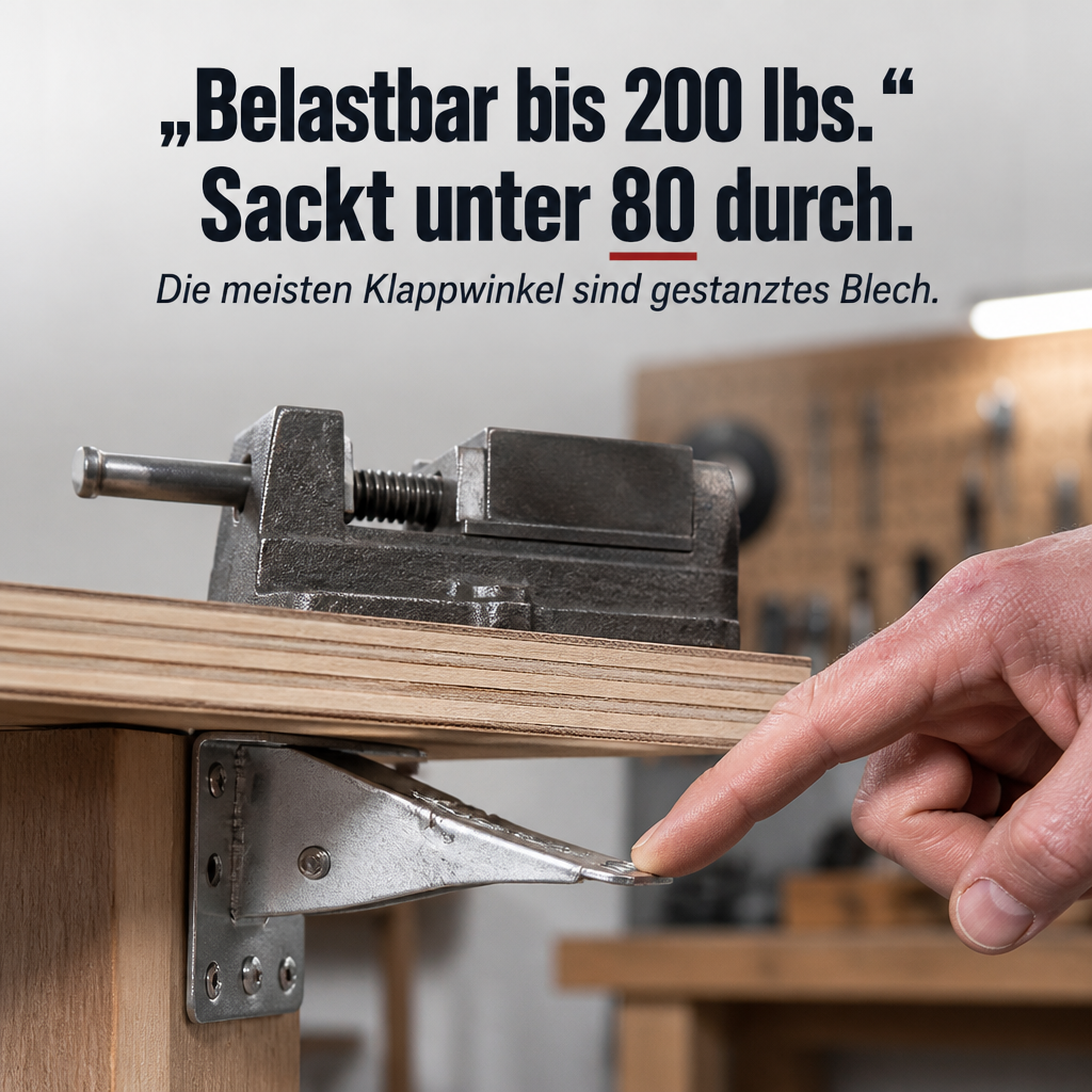 Finger drückt auf eine silberne Standardhalterung unter einer Sperrholzplatte, auf der ein Schraubstock steht; Vergleich zu einfachen Klapphalterungen. 2