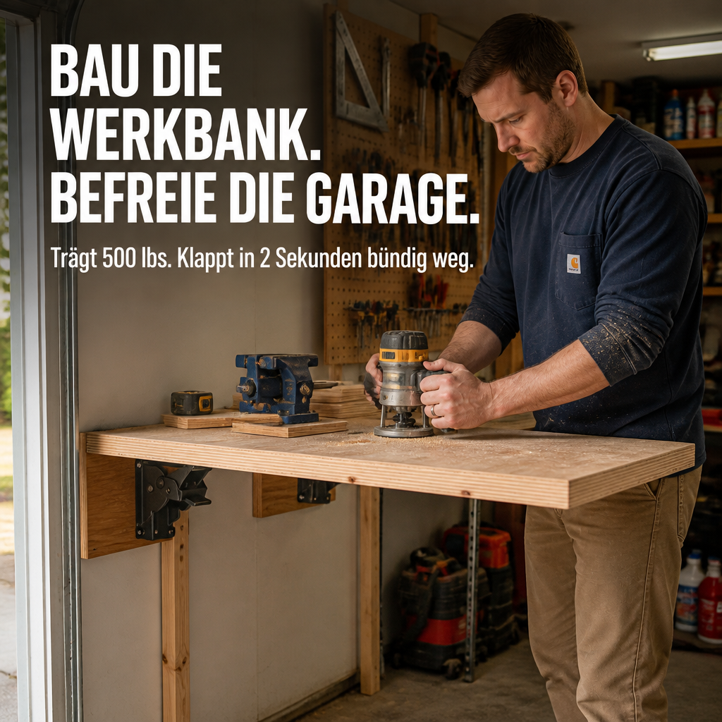 Mann fräst in der Garage an einer an der Wand montierten Werkbank, die von schwarzen Klapphalterungen getragen wird. 1