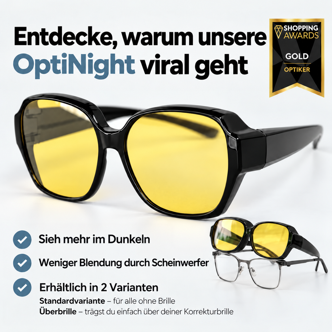 Schwarze Überzieh-Nachtbrille mit gelben Gläsern, unten klein eine Brille mit Stärke darunter, dazu Hinweis auf zwei Varianten. 4