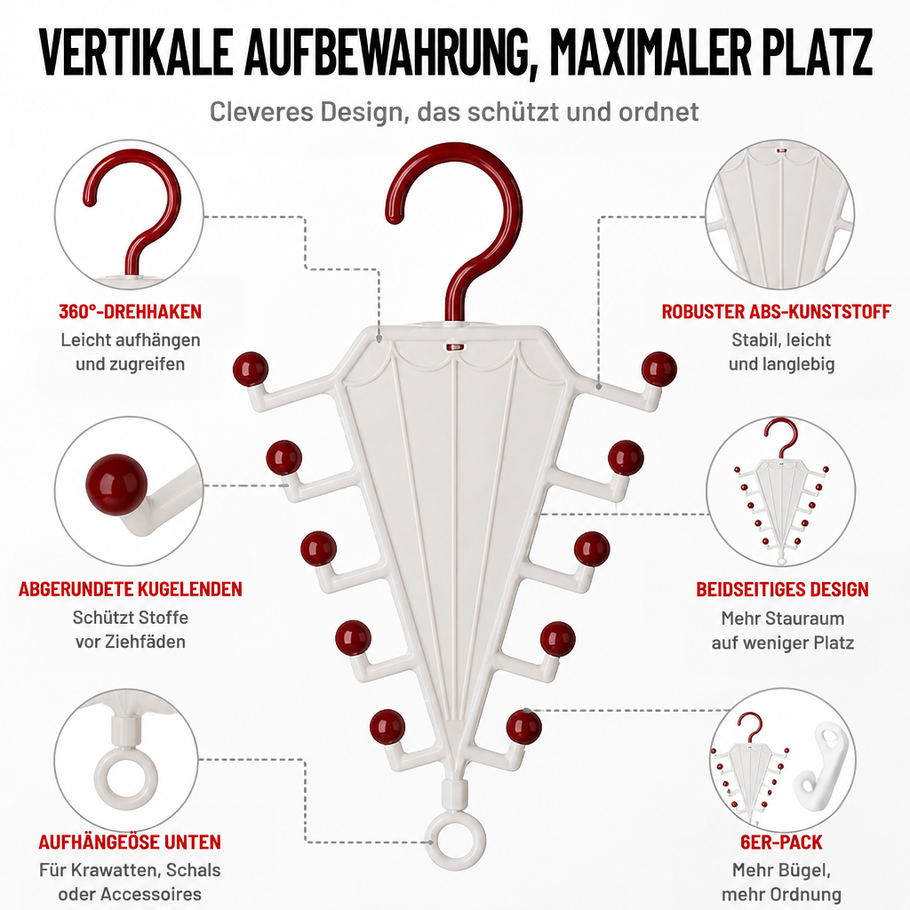 Weißer Halter mit roten Kugelenden, umgeben von Detailkreisen zu Haken, Kugelspitzen, Ring und Sechserpack 7