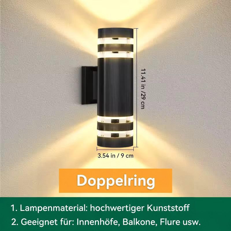 Maßgrafik der runden Wandleuchte mit zwei Ringen je Seite, Höhe und Durchmesser eingezeichnet 14