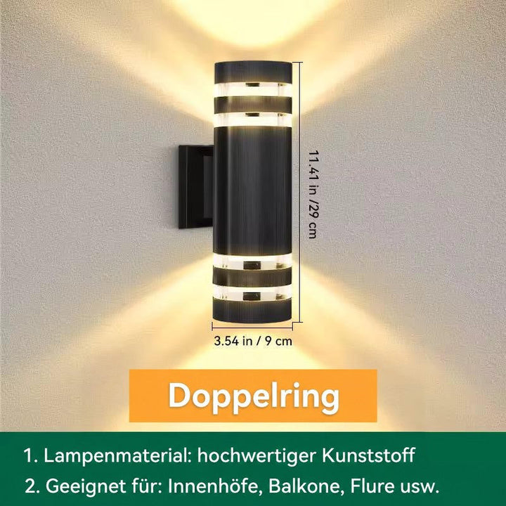 Maßgrafik der runden Wandleuchte mit zwei Ringen je Seite, Höhe und Durchmesser eingezeichnet 14