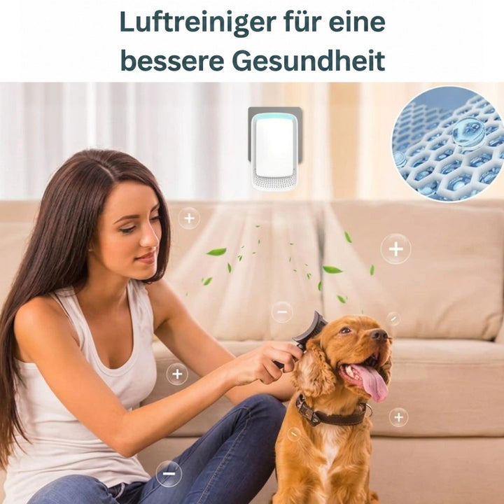 Frau bürstet auf dem Sofa einen Hund, darüber das Gerät an der Wand mit Luftstrom und Blättern 10