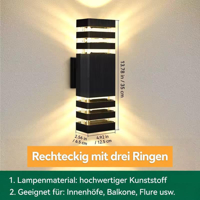 Maßgrafik der eckigen Wandleuchte mit drei Ringen je Seite, Höhe, Breite und Tiefe eingezeichnet 18
