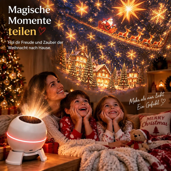 Eine Frau und zwei lächelnde Kinder unter Decken blicken auf die Weihnachtsprojektion des Projektors neben einem Teddybären 6