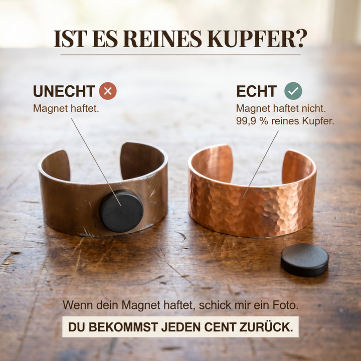 Vergleich zweier breiter Kupfer-Armreifen: am linken haftet ein Magnet, am rechten gehämmerten nicht, mit Hinweisen zur Echtheitsprüfung. 3