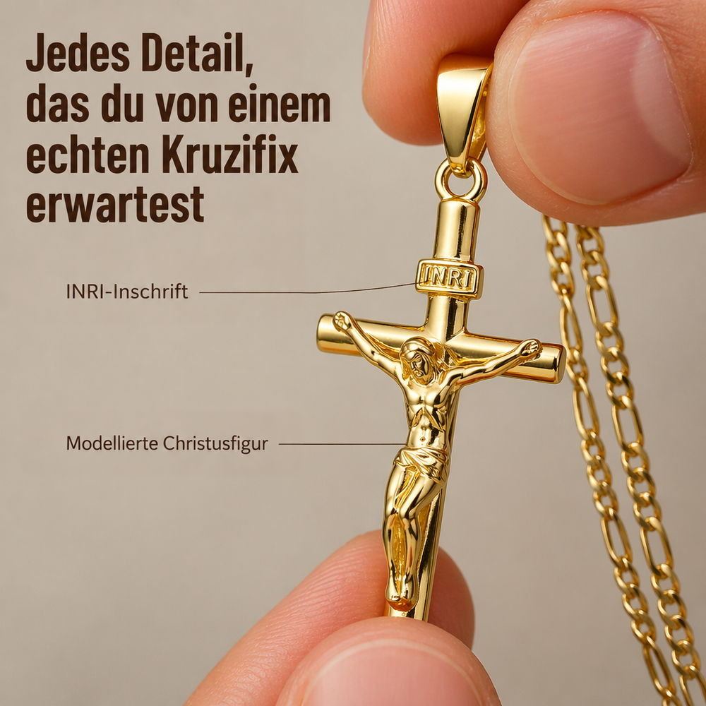 Goldenes Kruzifix zwischen zwei Fingern gehalten, mit gut erkennbarem INRI-Schild und plastisch modellierter Christusfigur 2