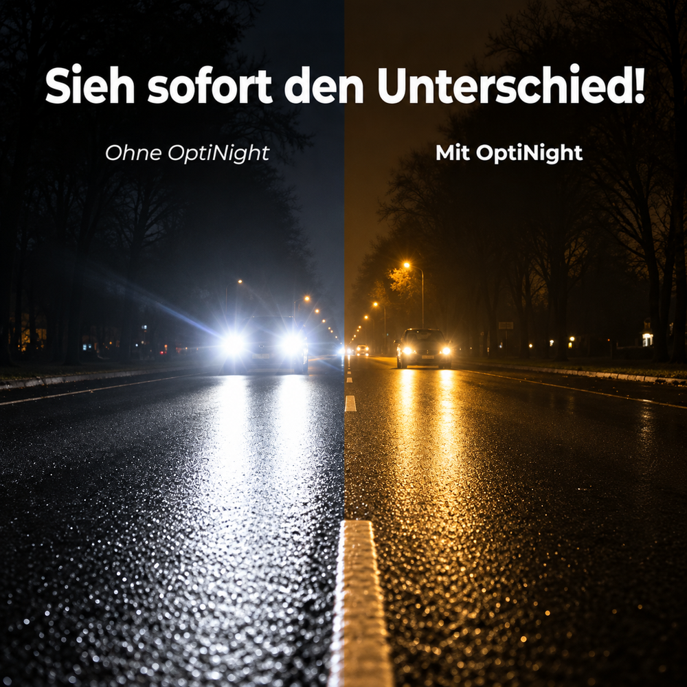 Geteiltes Vergleichsbild einer nassen nächtlichen Straße: links grelle Scheinwerfer, rechts mit gelbem Filter deutlich weniger Blendung. 2