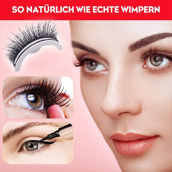 Gesicht eines Models mit natürlich wirkenden Wimpern, links Wimpern auf dem Halter, das Aufsetzen am Auge und ein Eyeliner-Strich. 9
