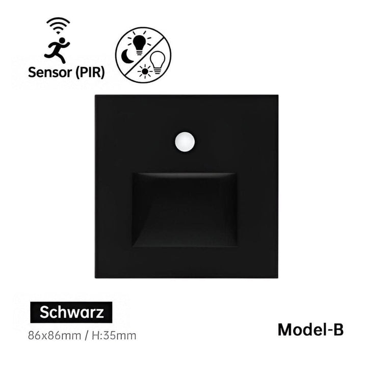 Quadratische schwarze Wandleuchte mit Sensor und rechteckiger Lichtöffnung, Modell B, Frontansicht 12