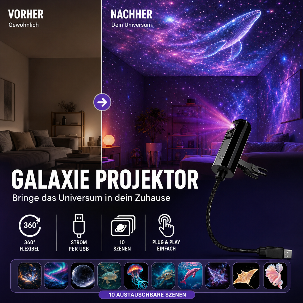 Wohnzimmer vorher und nachher: Projektor taucht Raum und Decke in violette Galaxie mit Wal, darunter zehn Motivfolien 4