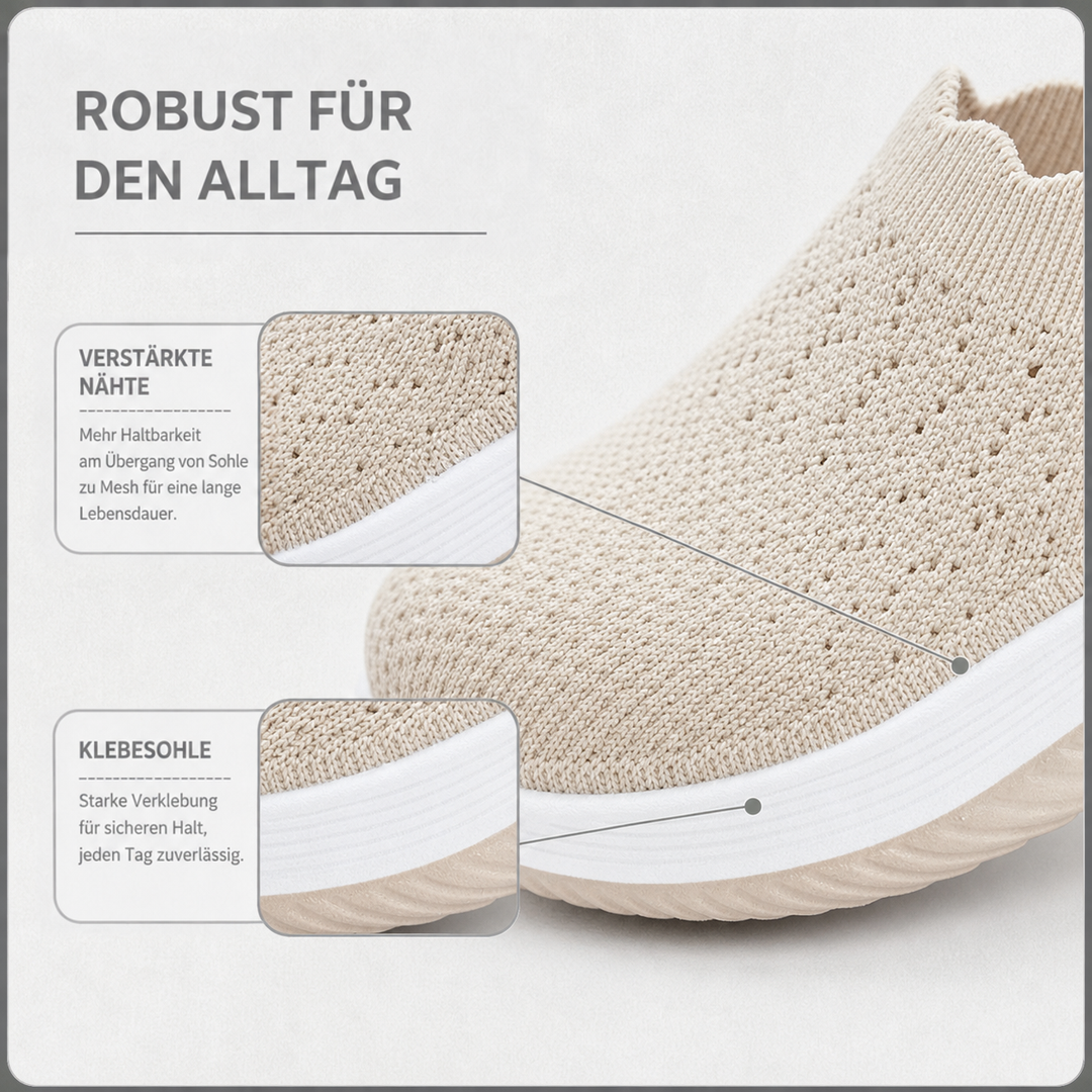 Nahaufnahme des beigen Strickgewebes mit Detailfeldern zu verstärkter Naht und verklebter Sohle 4