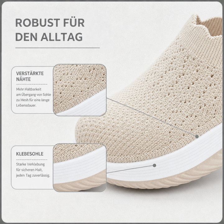 Nahaufnahme des beigen Strickgewebes mit Detailfeldern zu verstärkter Naht und verklebter Sohle 4