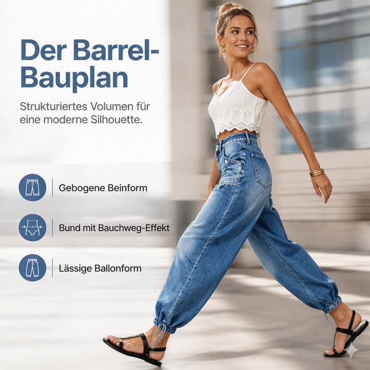 Lächelnde Frau im Schritt, in blauer Barrel-Jeans mit gebundenem Saum und weißem Spitzentop, daneben Symbole zu Beinform, Bund und Passform. 4