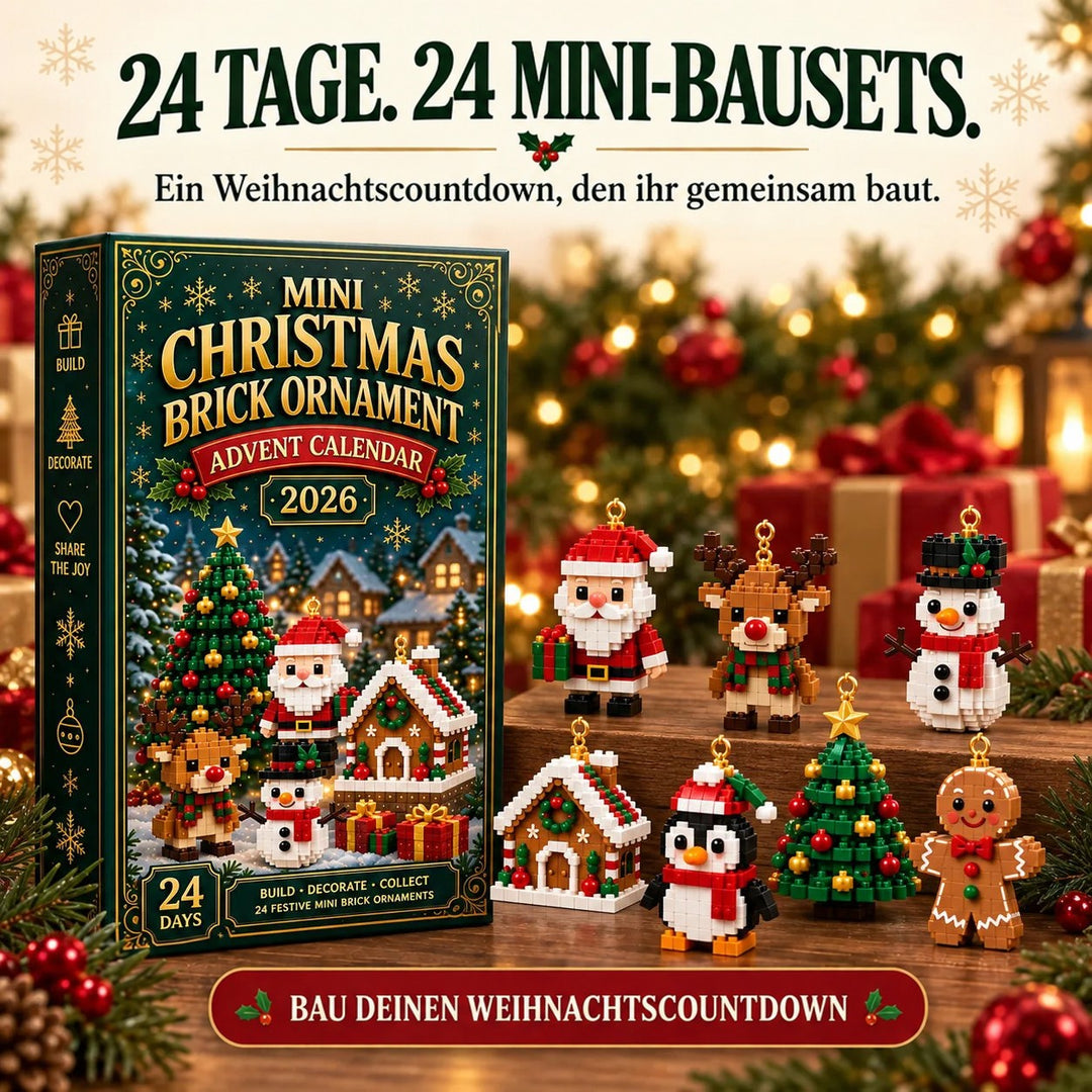 Schachtel neben acht aufgereihten Figuren: Weihnachtsmann, Rentier, Schneemann, Lebkuchenhaus, Pinguin, Tannenbaum und Lebkuchenmann auf Holzstufen. 8