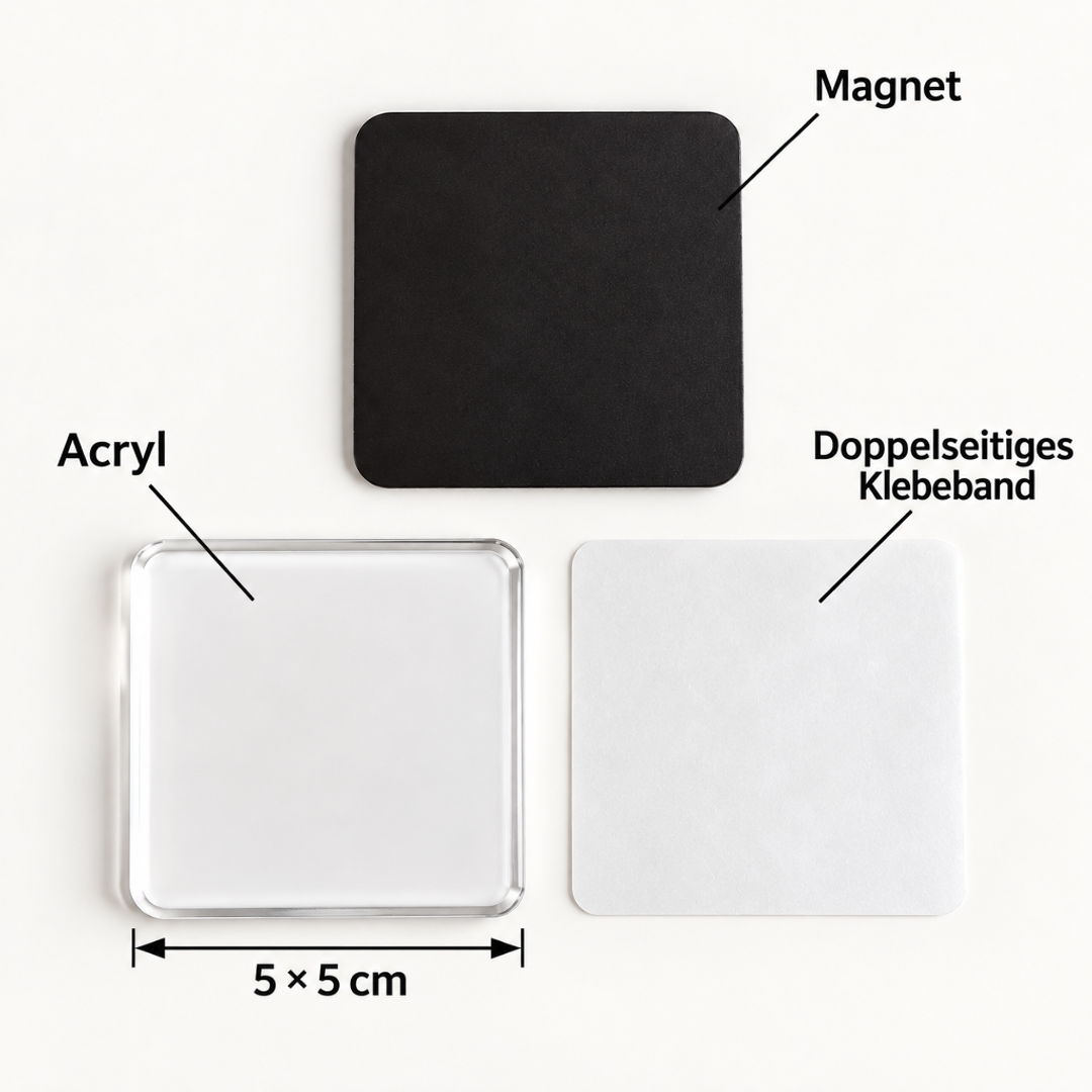 Einzelteile eines quadratischen Magneten: Magnetfolie, Acrylplatte und doppelseitiges Klebeband, Maßpfeil für fünf mal fünf 8