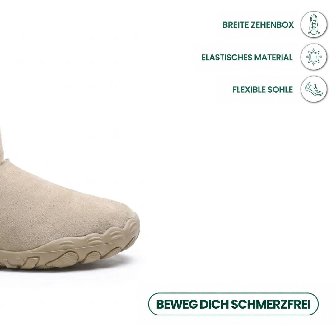 Beige Stiefelspitze mit breiter Zehenbox und flexibler Sohle, dazu Symbole zu Passform und Material 5