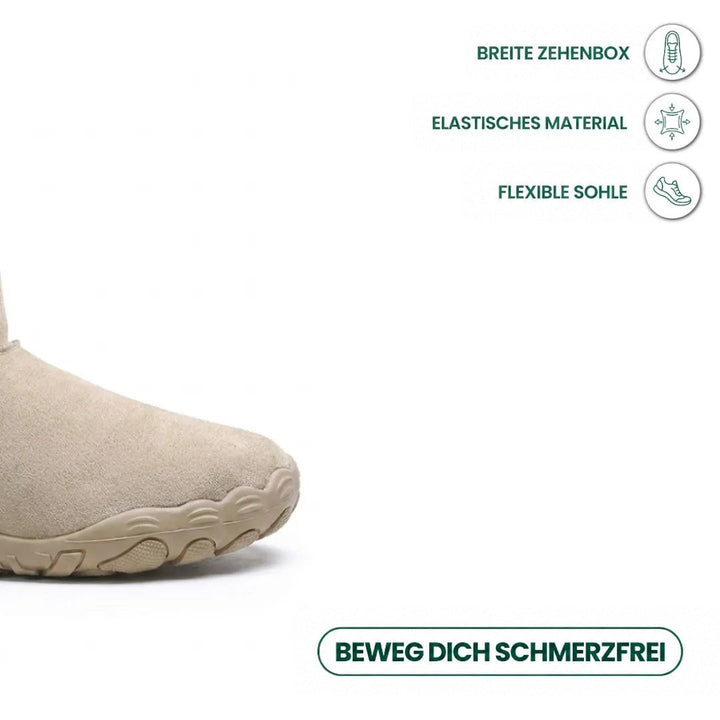 Beige Stiefelspitze mit breiter Zehenbox und flexibler Sohle, dazu Symbole zu Passform und Material 5