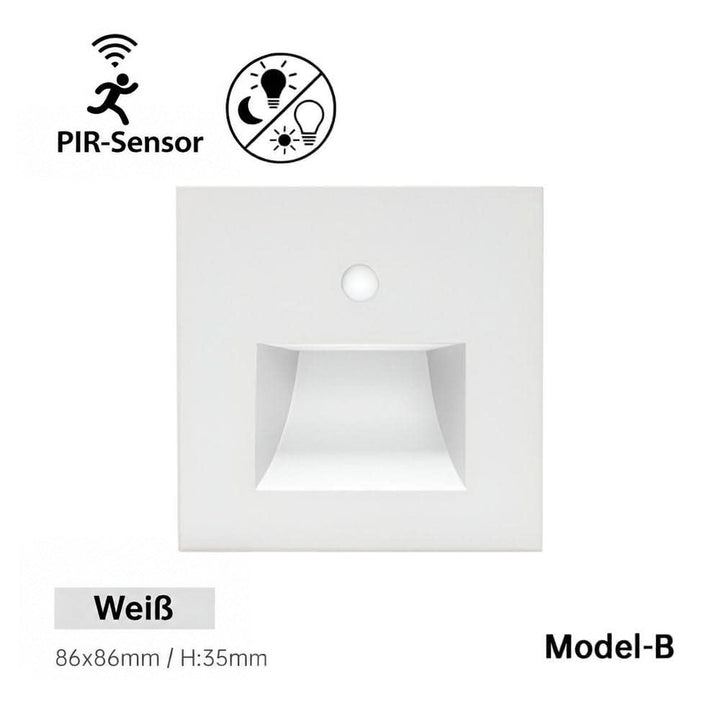 Quadratische weiße Wandleuchte mit Sensor und rechteckiger Lichtöffnung, Modell B, Frontansicht 10