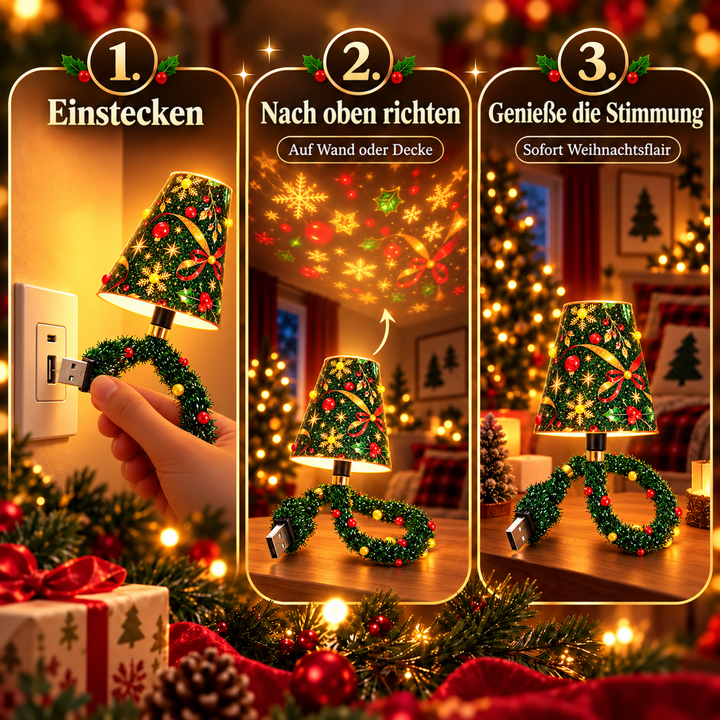 Dreiteilige Anleitung: Lampe in die USB-Steckdose stecken, nach oben zur Wand oder Decke ausrichten und die festliche Stimmung genießen. 3