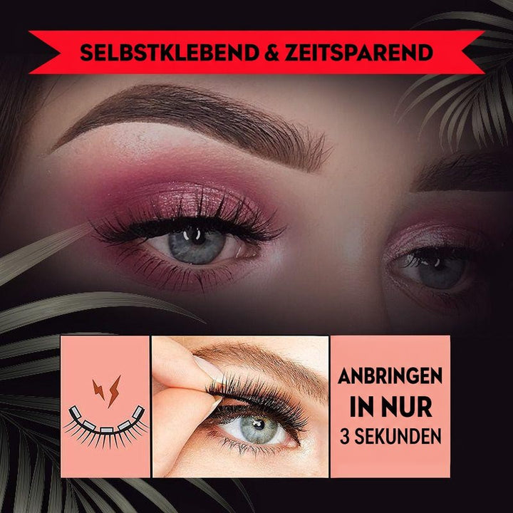 Dunkles Motiv mit rosa Lidschatten und aufgesetzten Wimpern, darunter eine Hand, die die Wimpern in wenigen Sekunden anbringt. 8