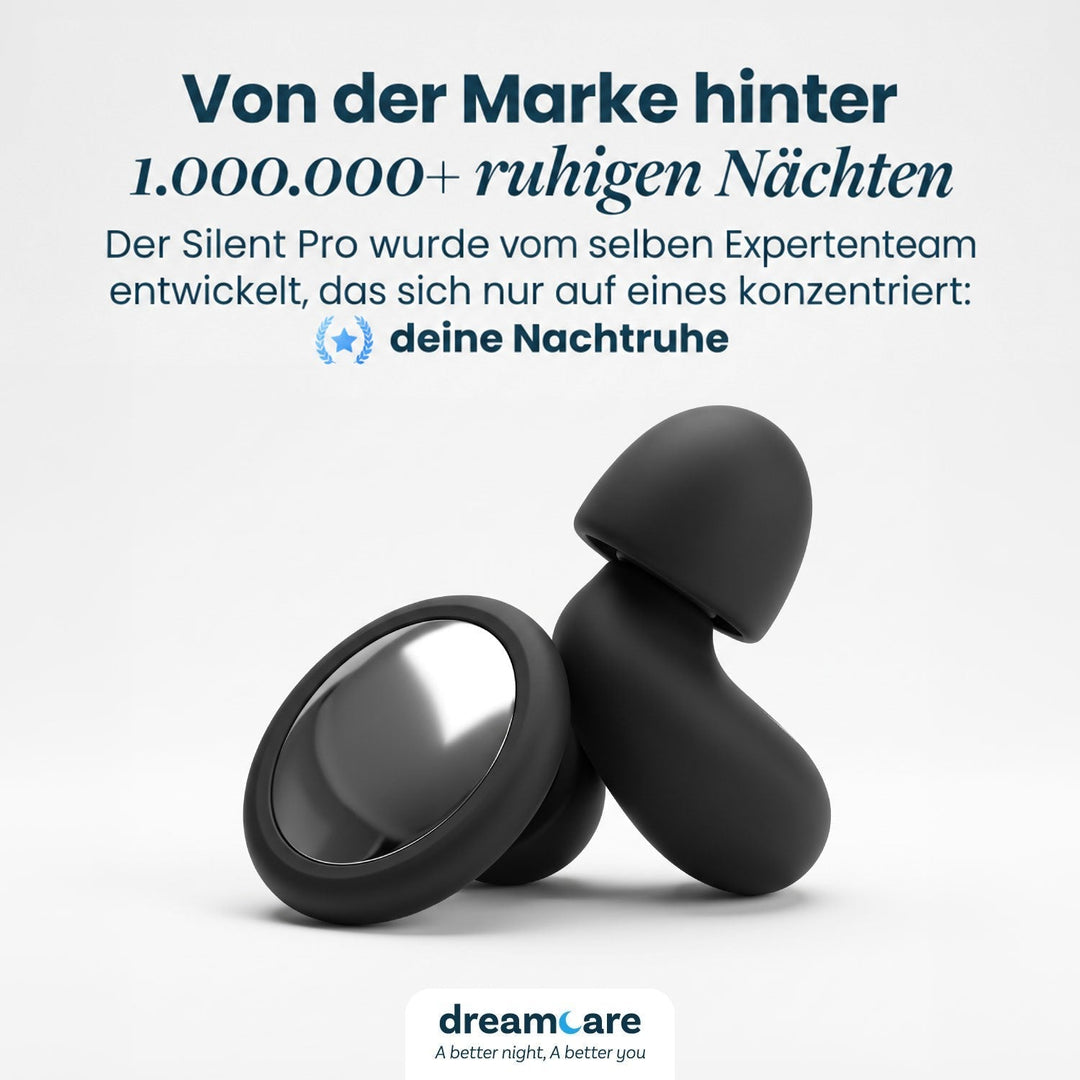 Zwei schwarze Ohrstöpsel mit silberner, spiegelnder Außenscheibe vor hellem Hintergrund, mit niederländischem Text zur Marke und zu ruhigen Nächten. 8