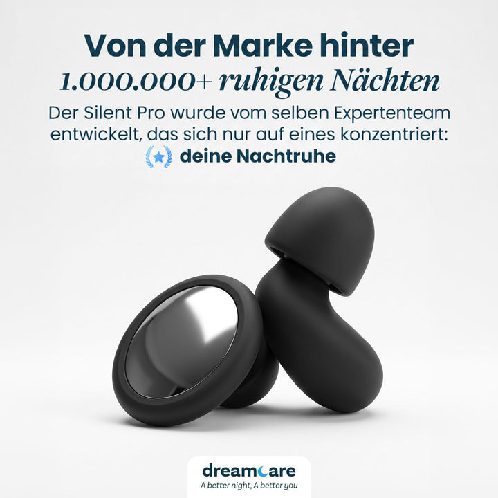 Zwei schwarze Ohrstöpsel mit silberner, spiegelnder Außenscheibe vor hellem Hintergrund, mit niederländischem Text zur Marke und zu ruhigen Nächten. 8