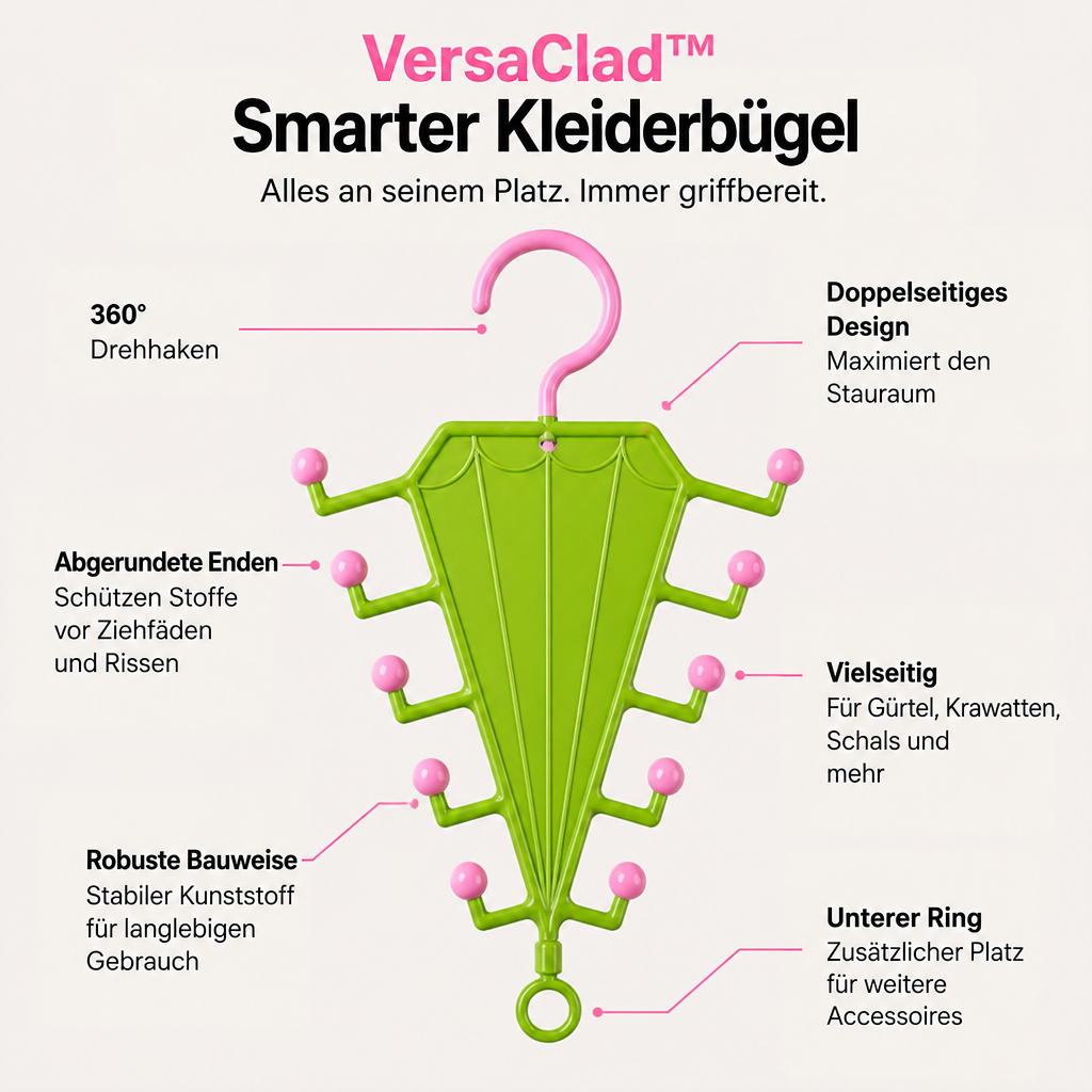 Grüner Halter mit rosa Haken und Kugelenden, frontal freigestellt, Funktionen mit Linien markiert 2