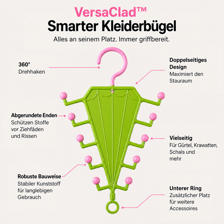 Grüner Halter mit rosa Haken und Kugelenden, frontal freigestellt, Funktionen mit Linien markiert 2