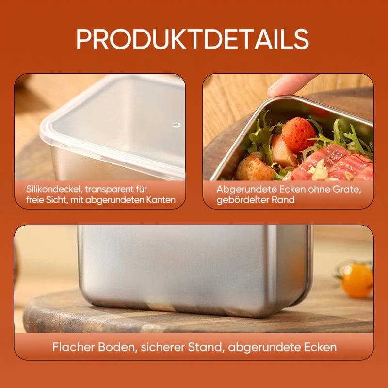 Drei Detailaufnahmen: transparenter Deckel mit abgerundeten Kanten, gerollter Rand mit Salat und Erdbeeren sowie flacher Boden einer Edelstahlbox auf Holz. 7