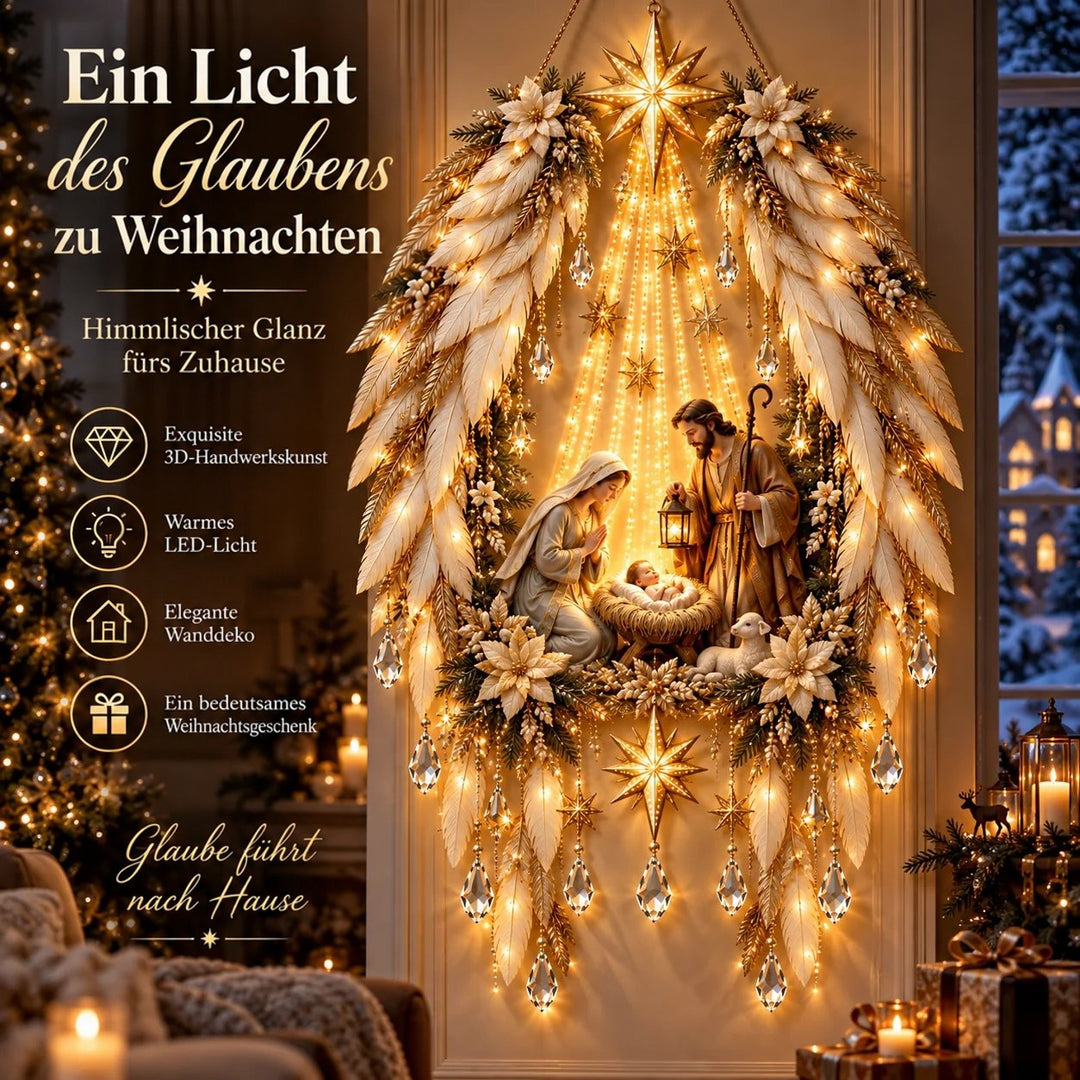 Zweite Variante mit cremefarbenen Federflügeln, Kristalltropfen und beleuchteter Krippe im Wohnzimmer vor dem Weihnachtsbaum 2